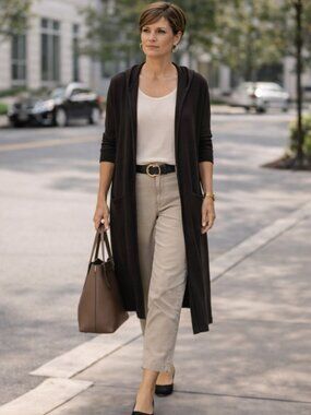 Eileen Fisher Long Hooded Organic Cotton Cardigan Dark Brown Black